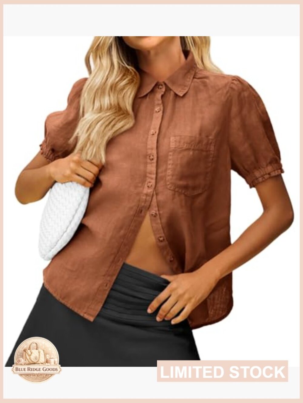 Puff Short Sleeve Button Down Shirt Casual Collared V Neck Linen Loose Fit - Picture 4 of 7